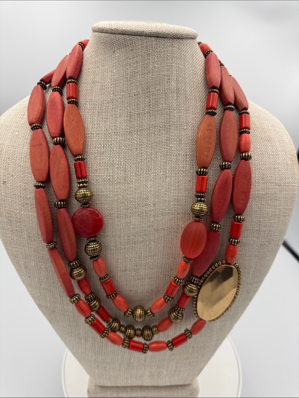 Chico's Coral Multi-Strand Bead Necklace with Antique Gold Pendant